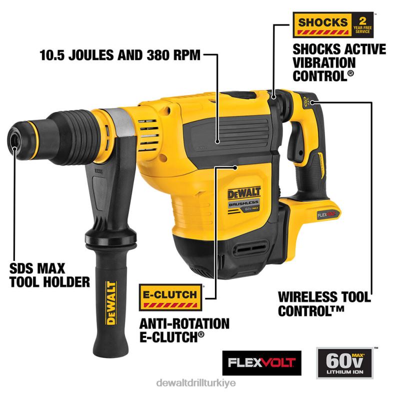 60v max 1-3/4in sds max fırçasız kombinasyonlu döner çekiç (çıplak alet) DEWALT R206866 aletler