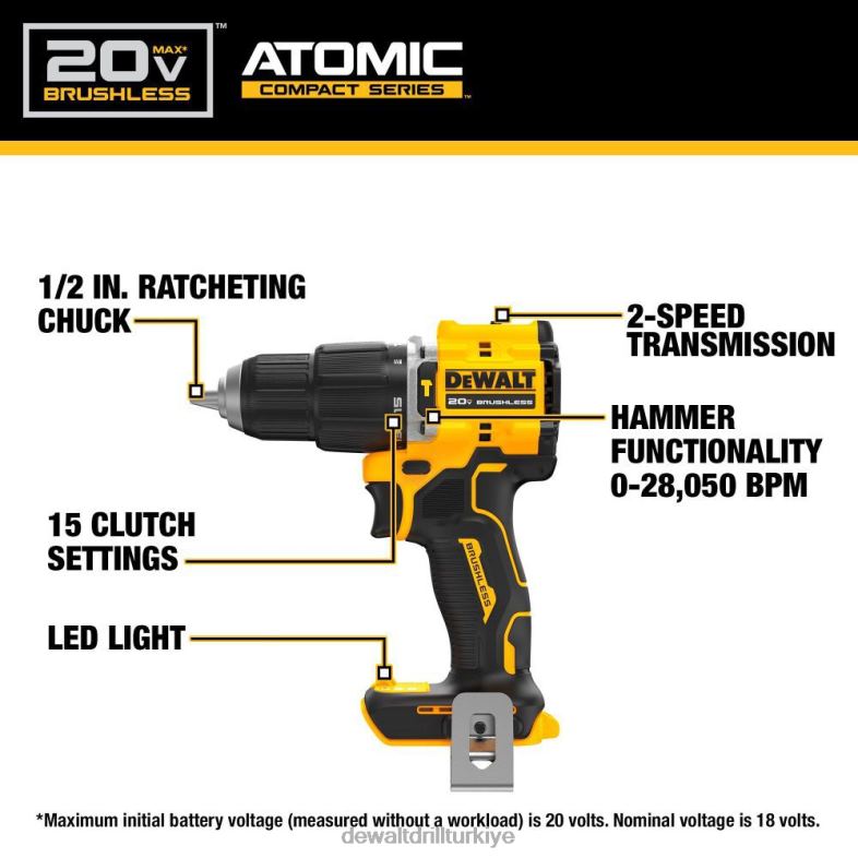 atomik kompakt seri 20v max fırçasız akülü 1/2 inç darbeli matkap (çıplak alet) DEWALT R206892 aletler